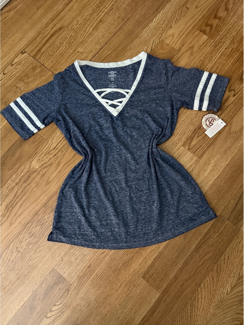 So Lace Up Varsity Sporty Tee in Blue, Size XS